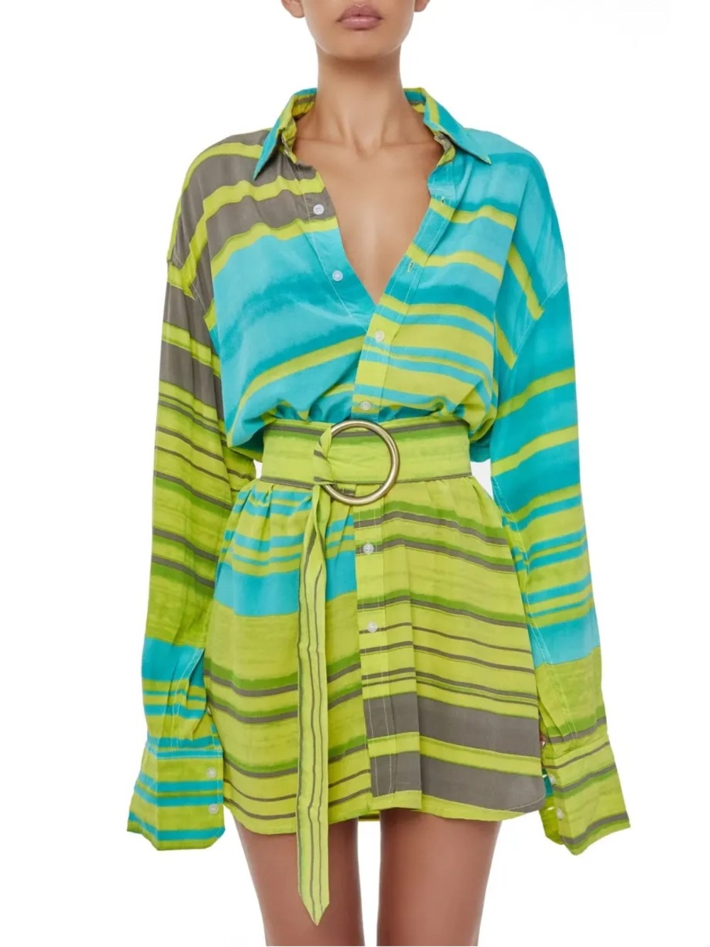 Bamba Swim Vibrant Striped Green & Turquoise Swim Coverup Shirt Dress